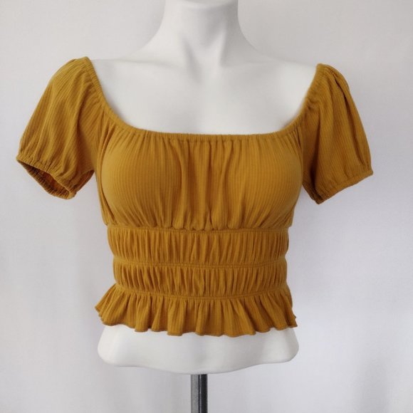 Forever 21 Mustard Colored Off Shoulder Peasant Crop Top - Picture 1 of 8